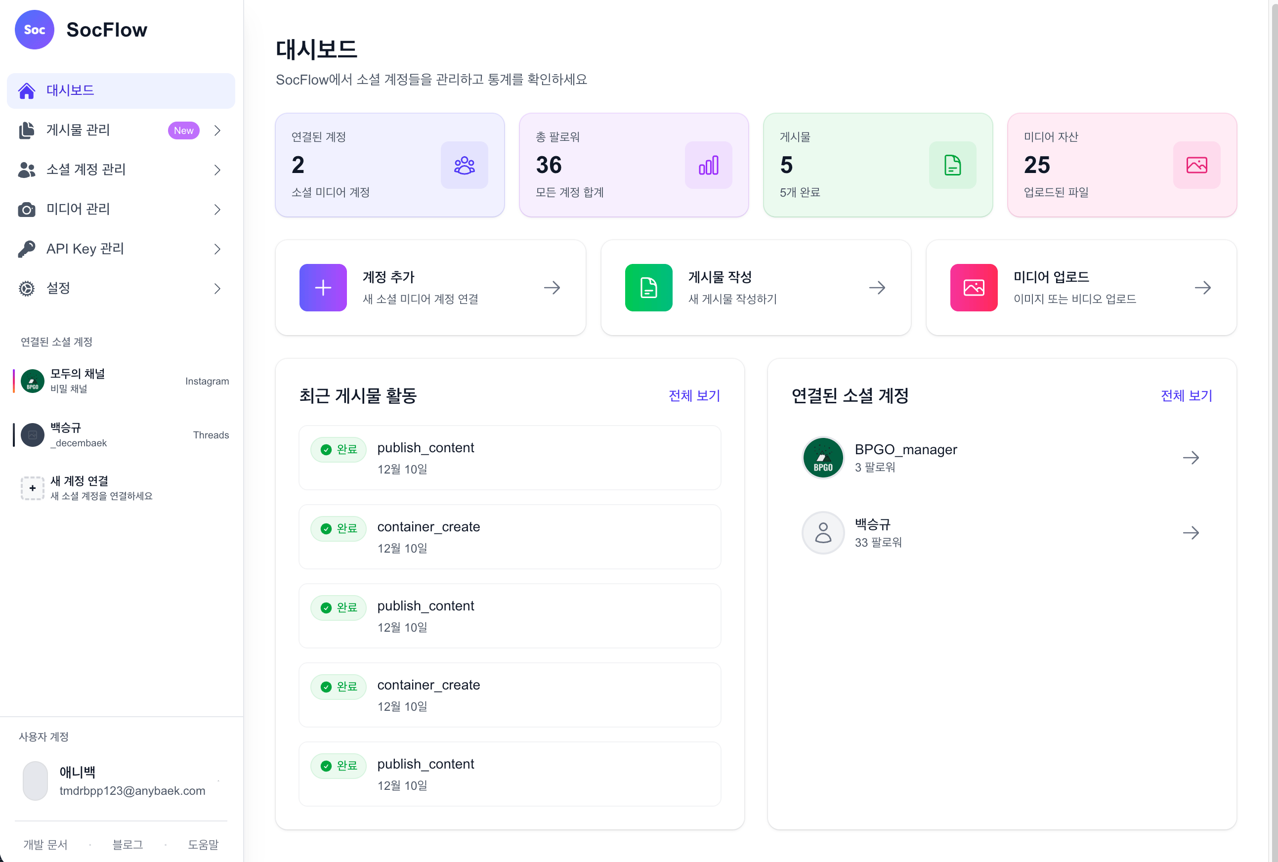 SocFlow 대시보드 화면